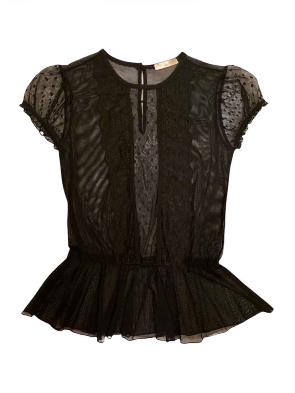 Rare LUX VTG Sheer Black Lace Peplum Cinched/Waist Cap/Sleeve Mesh Polka Dots